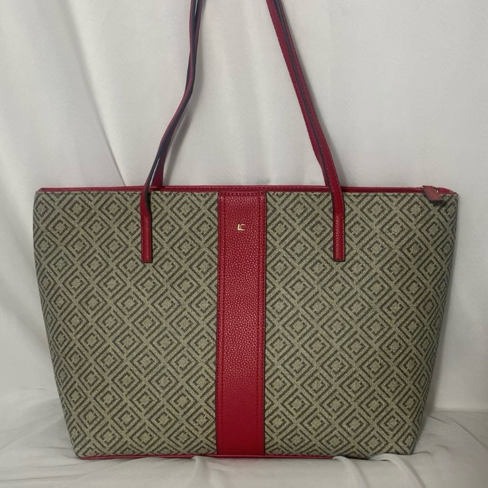 Liz Claiborne Tote/Bag/Purse Tan and Red Leather 11” by 18”